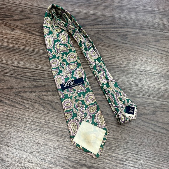 Polo Ralph Lauren Green w/ Purple & White Paisley Linen Tie - Picture 2 of 6